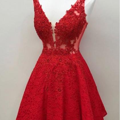 Cute Red Lace Appliques Short Prom Dresses,v Neck..