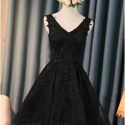 Cute Black V Neck Short Homecoming Dress, A Line..
