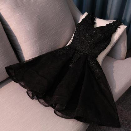 Cute Black V Neck Short Homecoming Dress, A Line..