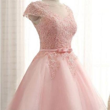 A Line Pink Cap Sleeve Homecoming Dresses, A Line..