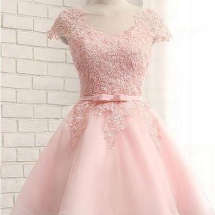 A Line Pink Cap Sleeve Homecoming Dresses, A Line..