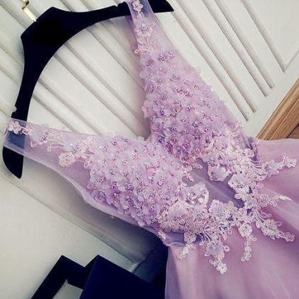 A Line V-neck Appliques Lilac Short Prom..