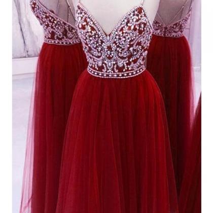 A Line Red V Neck Spaghetti Straps Prom Dresses,..