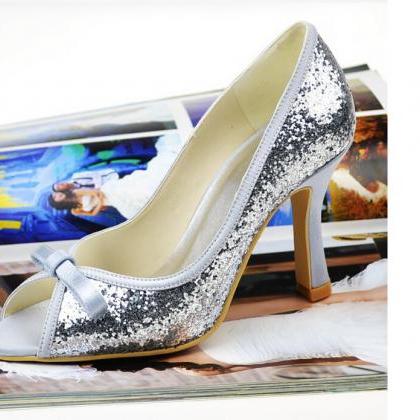Design Peep Toe Thin Heels Silvery Sequins Lace..