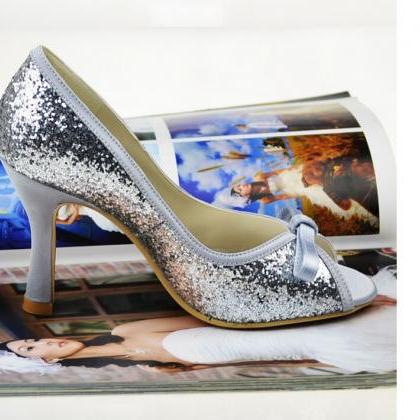 Design Peep Toe Thin Heels Silvery Sequins Lace..