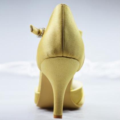 Close Pointed Toe Gold Satin High Thin Heels..