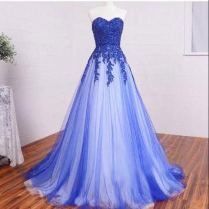 Long Sweetheart Lace Royal Blue Prom Dresses,lace..