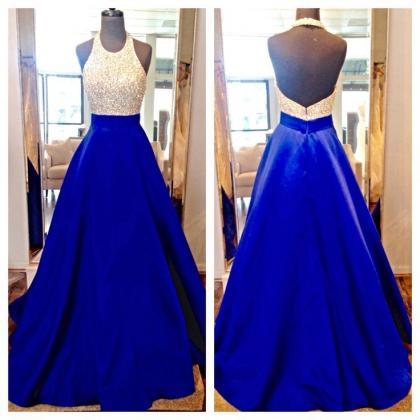 Design Long Royal Blue Prom Dresses,halter Beading..