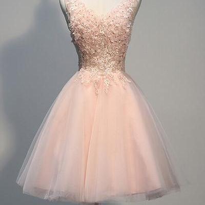 Blush Pink V-neck Homecoming Dresses,applique..