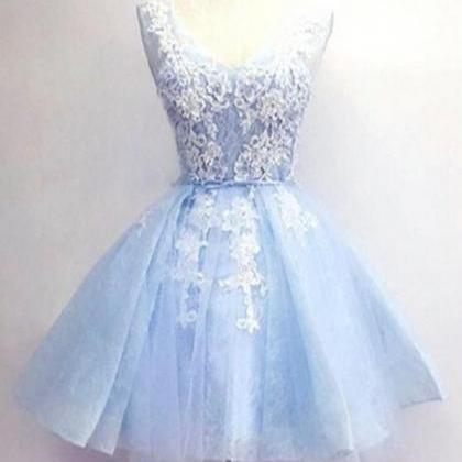 Light Blue Short Prom Dresses,v-neck Lace..