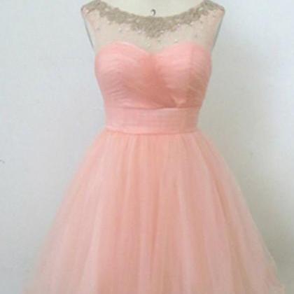 Blush Pink Lace Short A-line Tulle Beaded Backless..