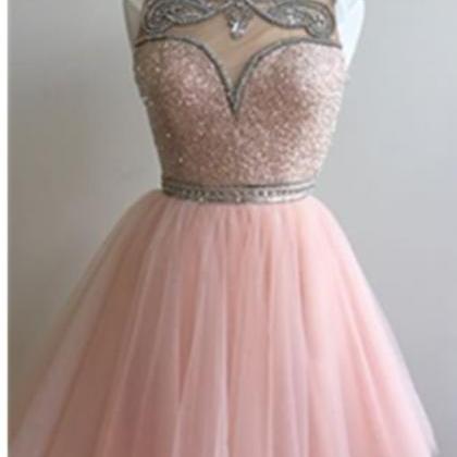 Pink A-line Beaded Tulle Homecoming Dresses,modest..