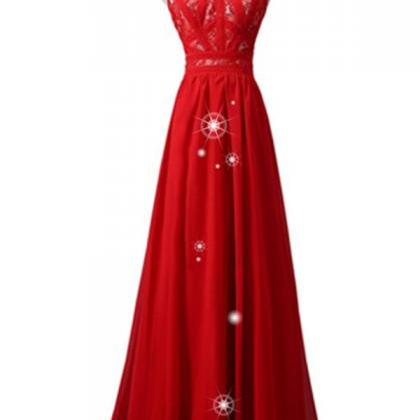 Red Simple Chiffon Lace Prom Dresses,handmade..