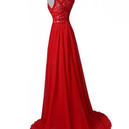 Red Simple Chiffon Lace Prom Dresses,handmade..