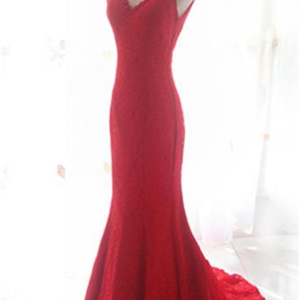 Red V-neck Mermaid Prom Dresses,sweep Train Lace..