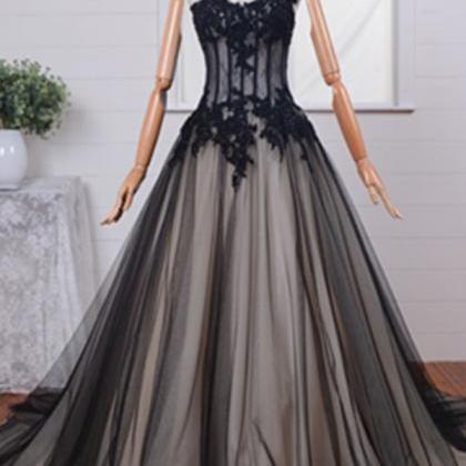 Sweetheart A-line Black Lace Tulle Prom..