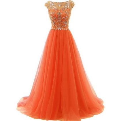 Orange Long A-line Prom Dresses,beading Prom Gowns..