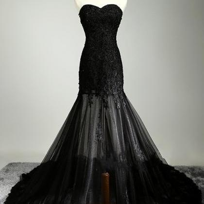 Mermaid Long Strapless Prom Dresses,black Lace..