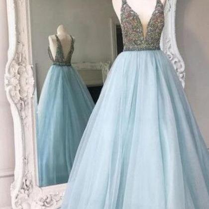 Classy V-neck Long Prom Dresses,light Blue Prom..