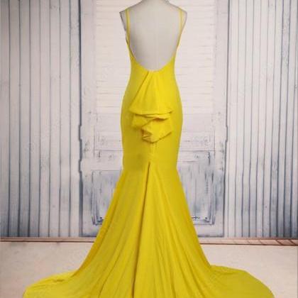 Yellow Open Back Prom Dresses,mermaid Sweep Train..