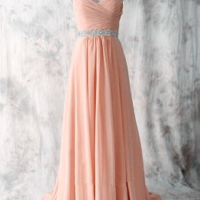 Pink Sweetheart Long Chiffon Beading Prom Dresses..