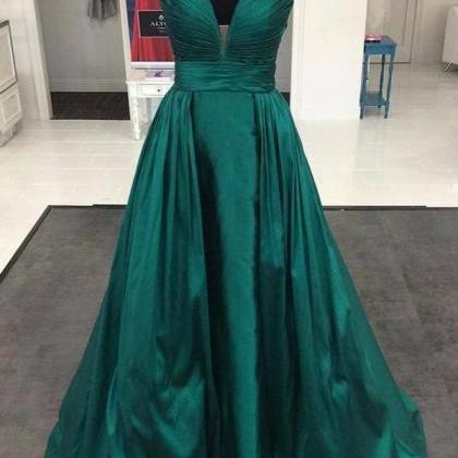 Dark Green Deep V-neck Long Prom Dresses,simple..