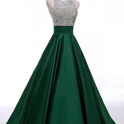 Satin Green Prom Dresses,modest Prom Gowns,beading..