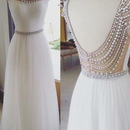 White Boat Neckline Long Prom Dresses For..