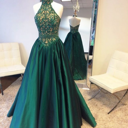 Green Halter Beading Lace A-line Prom Dresses For..