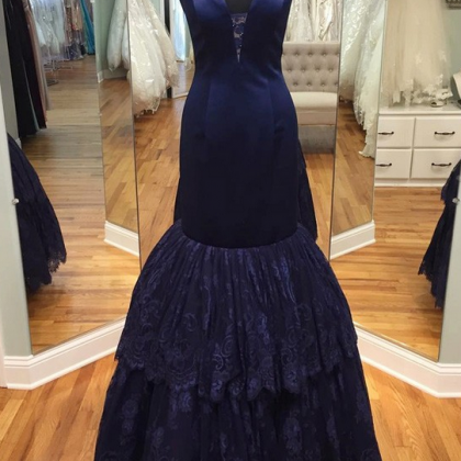 V-neck Mermaid Navy Blue Prom Dresses,satin Lace..