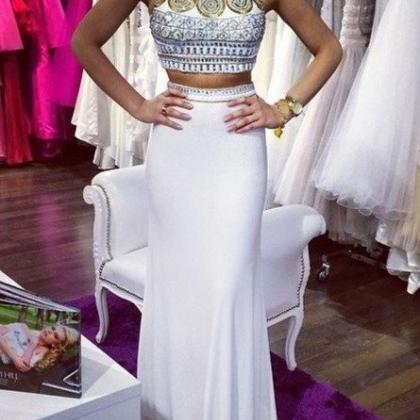 White Two Pieces Backless Long Mermaid Prom..