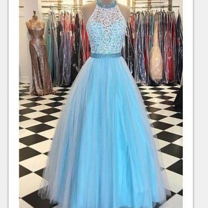 Light Blue Prom Dresses,lace Prom Dress,halter..
