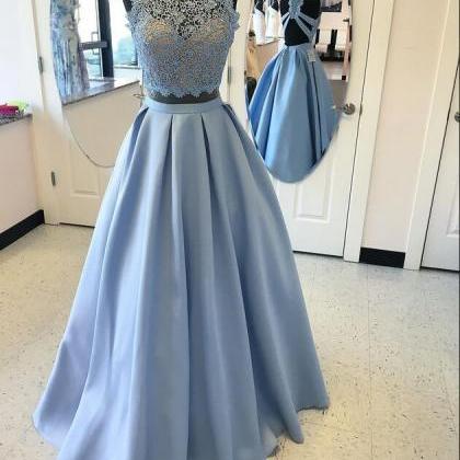 Light Blue Long Prom Dresses,two Pieces Prom..
