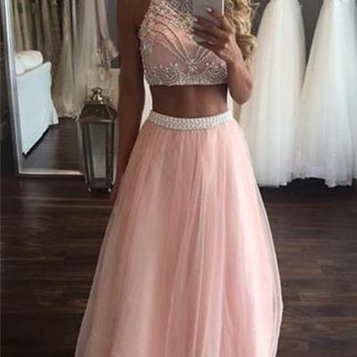 Prom Dresses,Pretty Prom Dress,Pink Prom Dress,Long Prom Dresses,Two Pieces Prom Gowns,Modest Evening Dresses,Beading Party Dresses,Women Dresses,Cute Dresses,A-line Tulle Graduation Dresses DR0177