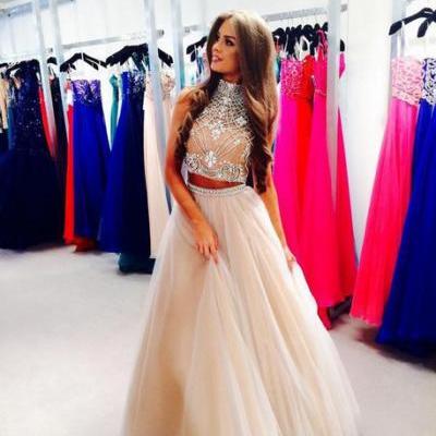  2015 Beads and Sequins Prom Dresses, O-Neck Prom Dresses, Real Made Prom Dresses,Two-Pieces Prom Dresses On Sale