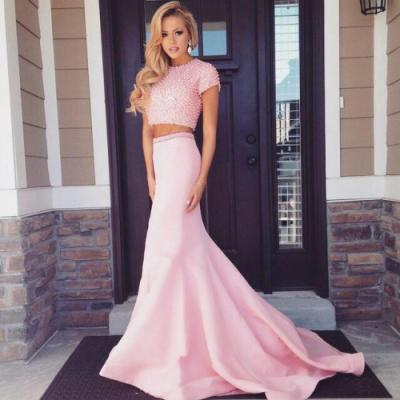 Real Made Pink Floor-Length Beading Prom Dresses, Sexy Evening Dresses, The charming Prom Dresses,Two Pieces Prom Dresses On Sale, 