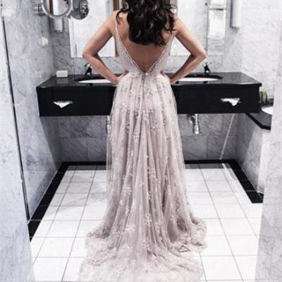 The Charming Lace and Tulle Prom Dresses,V-Neck Backless Prom Dresses,Prom Dresses,Floor-Length Prom Dress