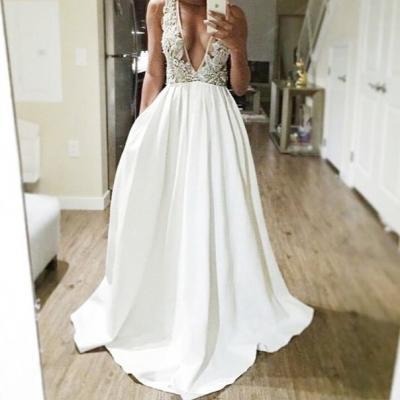 Deep V-neck Long Prom Dresses,White Lace Prom Dress,A-line Evening Dresses,Formal Prom Gowns,Cheap Party Prom Dresses