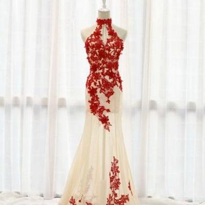 Charming Red Lace And Champagne Tulle Prom Dresses,Halter Prom Gowns,Elegant Prom Dress,Sparkly Party Prom Dresses