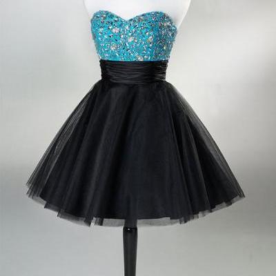 Strapless Homecoming Dress,Black Skirt With Blue Silver Beads Homecoming Dress For Teens
