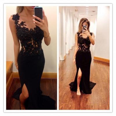 Black Lace Beading Front Split Sexy Handmade Mermaid Prom Dresses,Long Party Gowns