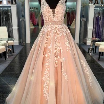 Deep V-neck Prom Dresses,Handmade Prom Gowns,Lace Tulle Quinceanera Dresses,Modest Prom Gowns,A-line Dresses,Cute Dresses DR0230