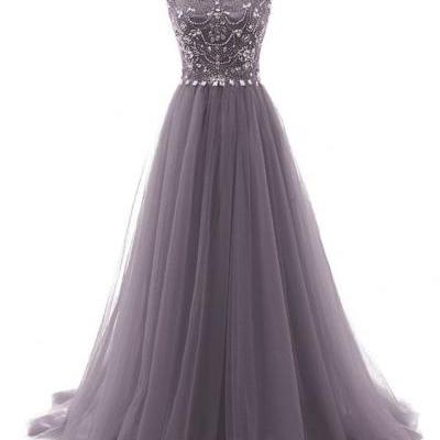 Grey Beading Prom Gowns With Flower Type,Modest Evening Dresses,Party Dresses,Long Floor Length Prom Dresses For Teens