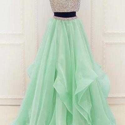 Charming Two Pieces Long Prom Dresses,Beading Halter Tulle Prom Dresses,Lovely Girly Prom Gowns,