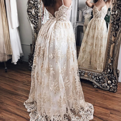 Champagne Lace With White Lining Prom Dresses,Princess Prom Dresses,Lace Prom Dresses,Evening Gowns,Women Dresses,Backless Prom Dresses,Lace Prom Dresses,V-neck Prom Dress.Wedding Dresses DR0146