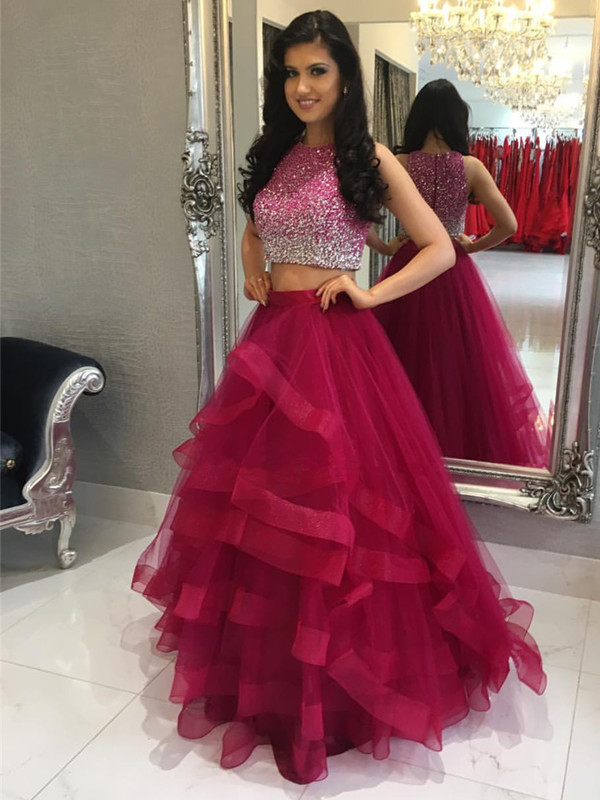 Red Prom Dresses Two Pieces Prom Dresses A Line Tulle Prom Dresses