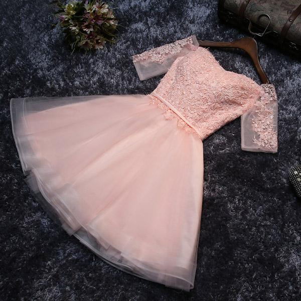 Lace Up Off Shoulder Homecoming Dresses,blush Pink Homecoming Dresses,short Homecoming Dresses,homecoming Dresses With Sleeves Dr0357
