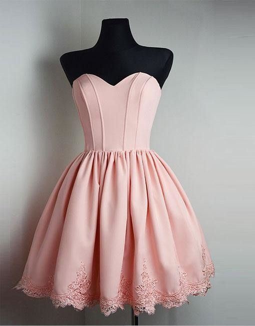 Simple Homecoming Dresses,pink Homecoming Dress,lace Homecoming Dress,short Homecoming Dress,strapless Homecoming Dress Dr0363