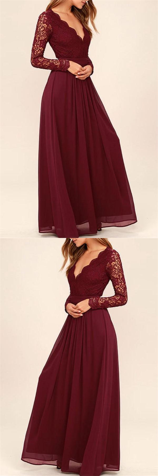 Long Sleeves Bridesmaid Dresses,Chiffon Bridesmaid Dresses,Lace