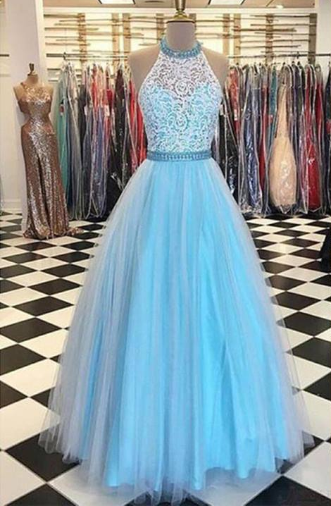 Prety Halter Long Lace Tulle Beding Light Blue Prom Dresses For Teens,elegant Evening Dresses Graduation Dresses Dr0510